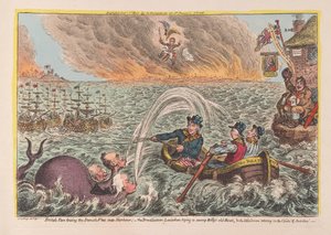 Britiske tjærer, der slæber den danske flåde ind i havnen: Leviathan med bred bund, der forsøger at oversvømme Billys gamle båd, og den lille korsikaner, der vakler på ambitionernes skyer, pub. 1807 (håndfarvet engra