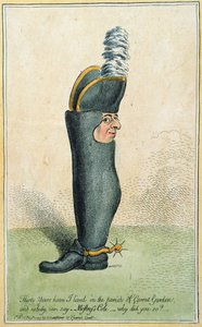 Tegneserie af oberst Justly Watson med liget af en støvle, udgivet af Hannah Humphrey i 1797 (håndfarvet radering)
