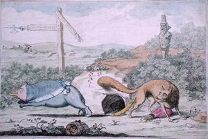 Changing Places, eller Ræv, der stinker Grævlingen ud af sin Rede, udgivet af William Humphrey i 1782 (håndfarvet radering) af James Gillray