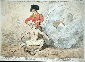 Cooling the Brain, eller The Little Mayor Shaving the Shaver, udgivet af J. Aitken i 1789 (håndfarvet radering) af James Gillray