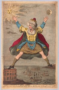 Dun-Shaw, One Foot i Leadenhall Street og den anden i Bengalprovinsen, pub. 1788 (håndfarvet gravering)