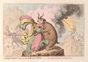 Fortryllelser for nylig set på bjergene i Wales eller Shon-ap Morgans Reconcilement to the Fairy Princess, pub. 1796 (håndfarvet gravering)