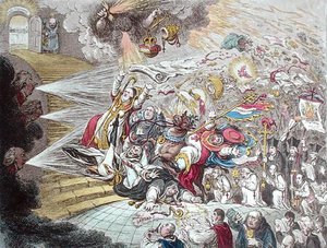 End of the Irish Farce of Catholic Emancipation, udgivet af Hannah Humphrey i 1805 (håndfarvet radering) af James Gillray