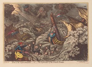 End of the Irish Invasion eller The Destruction of the French Armada, pub. 1797 (håndfarvet gravering)