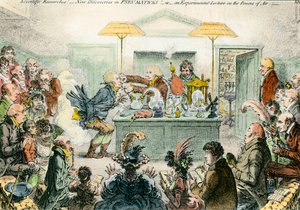 Engelsk satire om videnskab: nye opdagelser i pneumatiske materialer. Satirisk tegning på entusiasmen for videnskabelige konferencer i det 19. århundrede. Gravering af James Gillray (1757-1815) af James Gillray