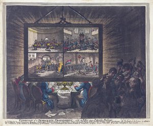 Udstilling af en demokratisk gennemsigtighed, med dens virkning på patriotiske følelser, pub. 1799 (håndfarvet gravering)