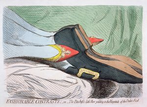 Moderigtige kontraster, eller hertugindens lille sko, der giver efter for størrelsen af hertugens fod, udgivet af Hannah Humphrey i 1792 (ætset med wc)