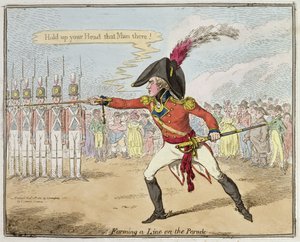 Forming a Line on the Parade, udgivet af Hannah Humphrey i 1801 (håndfarvet radering)