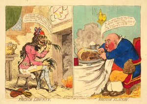 Fransk frihed - britisk slaveri, pub. 1892 (håndkoloreret kobberstik) af James Gillray