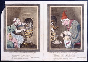 Friture Brisling, eller Royal Supper, and Toasting Muffins, eller Royal Breakfast, udgivet af Hannah Humphrey i 1791 (håndfarvet radering)