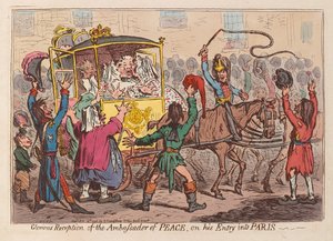 Glorværdig modtagelse af fredens ambassadør ved hans indtog i Paris, pub. 1796 (håndfarvet gravering)