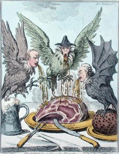 Harpyes Destroying the Feast, udgivet af Hannah Humphrey i 1799 (håndfarvet radering) af James Gillray