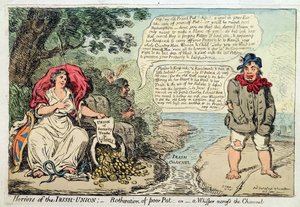 Horrors of the Irish Union: Botheration of Poor Pat, or A Whisper across the Channel, udgivet af Hannah Humphrey i 1798 (håndfarvet radering) af James Gillray