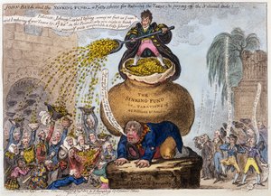 John Bull og The Sinking Fund - en smålig ordning for at reducere skatterne og afbetale den nationale gæld, pub. H Humphrey, London, 1807 (håndkoloreret gravering)