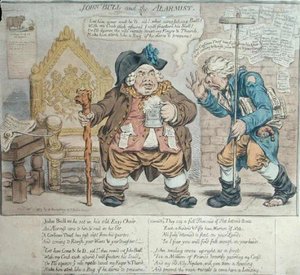 John Bull and the Alarmist, udgivet af Hannah Humphrey i 1803 (håndfarvet radering) af James Gillray