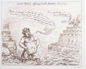 John Bull tilbyder Little Boney fair play, udgivet af Hannah Humphrey i 1803 af James Gillray