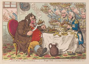 John Bull taking Luncheon or British Cooks cramming Old Grumble Gizzard with Bonne Chere, pub 1798 (håndkoloreret gravering)