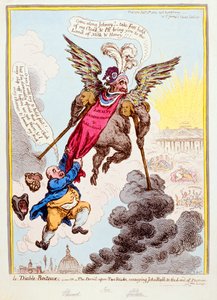 Le Diable-Boiteux, or The Devil upon Two Sticks Conveying John Bull to the Land of Promise, udgivet af Hannah Humphrey i 1806 (håndkoloreret radering)