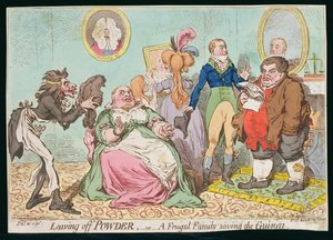 Leaving off Powder, or A Frugal Family save the Guinea, udgivet af Hannah Humphrey i 1795 (håndfarvet radering)
