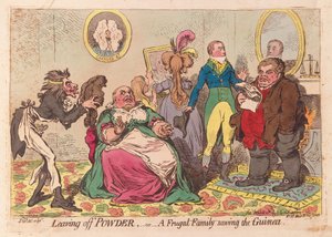 Leaving off Powder, eller en sparsommelig familie, der redder Guinea, pub.1795 (håndfarvet gravering) af James Gillray