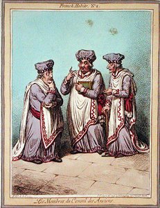 Les Membres du Conseil des Anciens, planche 2 fra "French Habits", udgivet af Hannah Humphrey i 1798 (farvet radering) af James Gillray
