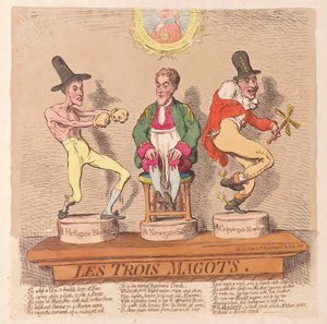 Les Trois Magots, pub. 1791 (håndfarvet gravering) af James Gillray
