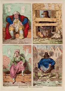 Nationale faciliteter. (beskrivelse og sammenligning af toiletter i England, Skotland, Frankrig og Holland). Værk af James Gillray (1757-1815), gravering og akvarel af James Gillray