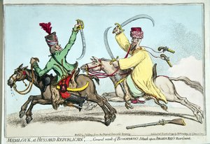 Mamlouk et Hussard Republicain, eller generelt resultat af Bonapartes angreb på Ibrahim Beys bagvagt, udgivet af Hannah Humphrey i 1799 (håndfarvet radering) af James Gillray
