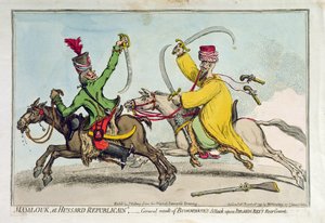 Mamlouk et Hussard Republicain, eller generelt resultat af Bonapartes angreb på Ibrahim Beys (1735-1817) bagvagt, udgivet af Hannah Humphrey i 1799 (håndfarvet radering)