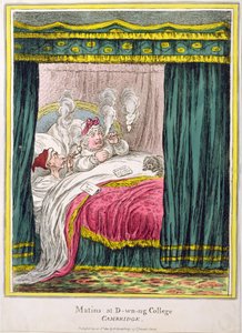 Matins ved D-wn-ng College, Cambridge, udgivet af Hannah Humphrey i 1810 (håndfarvet radering)