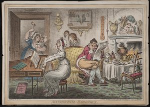 Matrimonial Harmonics, udgivet af Hannah Humphrey, 1805 (håndfarvet radering)