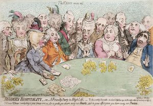 Modern Hospitality, or A Friendly Party in High Life, udgivet af Hannah Humphrey i 1792 (håndkoloreret radering)