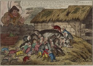 Flere grise end patter, eller – det nye kuld af sultne gryntere, der suger John Bulls gamle so til døde, 9. maj af James Gillray