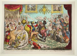 Nyheder fra Calabrien! Indtagelse af Buenos Ayres! - dvs. komforten i en kejserlig dejeune på St Clouds, pub. 1806 (håndkoloreret gravering)