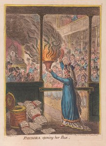 Pandora åbner sin æske, pub. 1809 (håndfarvet gravering)