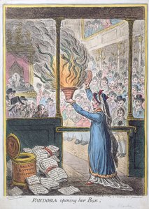 Pandora Opening her Box, udgivet af Hannah Humphrey, 1809 (håndfarvet radering)