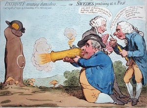 Patrioter, der morer sig, eller svenskere, der øver på en post, udgivet af Hannah Humphrey i 1792 (håndfarvet radering) af James Gillray