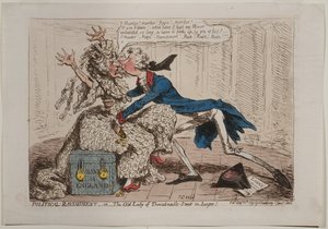 Political Ravishment, or The Old Lady of Threadneedle Street i fare!, udgivet af Hannah Humphrey, 1797 (håndfarvet radering)
