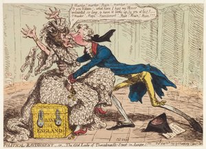 Politisk ravishment, eller den gamle dame fra Threadneedle Street i fare!, 1797 af James Gillray