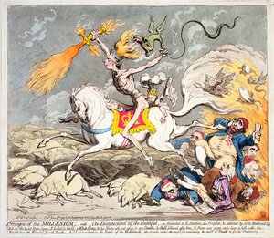 Presages of the Millennium, udgivet af Hannah Humphrey i 1795 (farveætsning, gravering og aquatint)