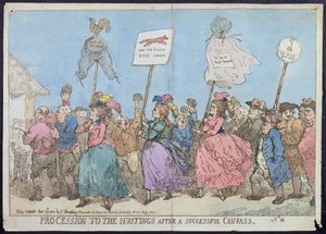 Procession to the Hustings after a Successful Canvass, udgivet af G. Humphrey i 1784 (håndkoloreret radering)