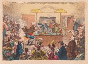 Videnskabelige undersøgelser! Nye opdagelser i Pneumaticks! Eller et eksperimentelt foredrag om Powers osf Air, pub. 1802 (håndfarvet gravering) af James Gillray