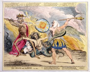 Synd, død og djævelen, udgivet af Hannah Humphrey i 1792 (håndkoloreret radering) af James Gillray
