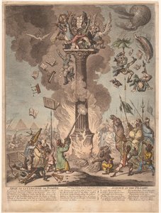 Tegneserie af den franske ekspedition til Egypten, 1799 Siege de la Colonne de Pompee / Science in the pillory (titel på objekt) af James Gillray