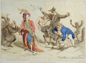Sublime Oration: A Display of It, udgivet af T. Harmar i 1788 (håndkoloreret radering) af James Gillray