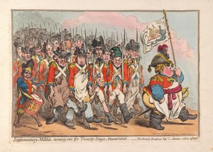 Supplerende milits, dukker op til Twenty Days Amusement, pub. 1796 (håndfarvet gravering) af James Gillray