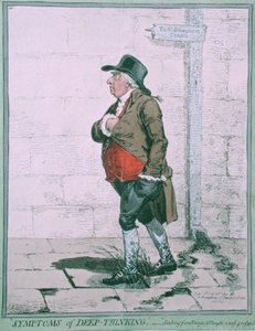 Symptoms of Deep Thinking, udgivet af Hannah Humphrey i 1800 (håndkoloreret radering) af James Gillray