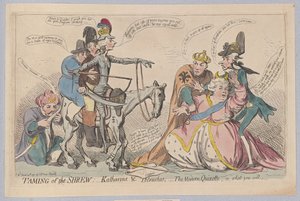 Taming of the Shrew: Katherine & Petruchio; The Modern Quixotte, eller hvad du vil, pub. 1791 (håndfarvet gravering) af James Gillray