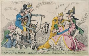 Taming of the Shrew: Katherine und Petruchio, eller The Modern Quixote, udgivet af S.W. Fores i 1791 (håndkoloreret radering)
