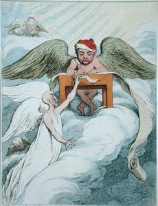 The Accusing Spirit and the Recording Angel, udgivet af Hannah Humphrey i 1791 (håndfarvet radering) af James Gillray